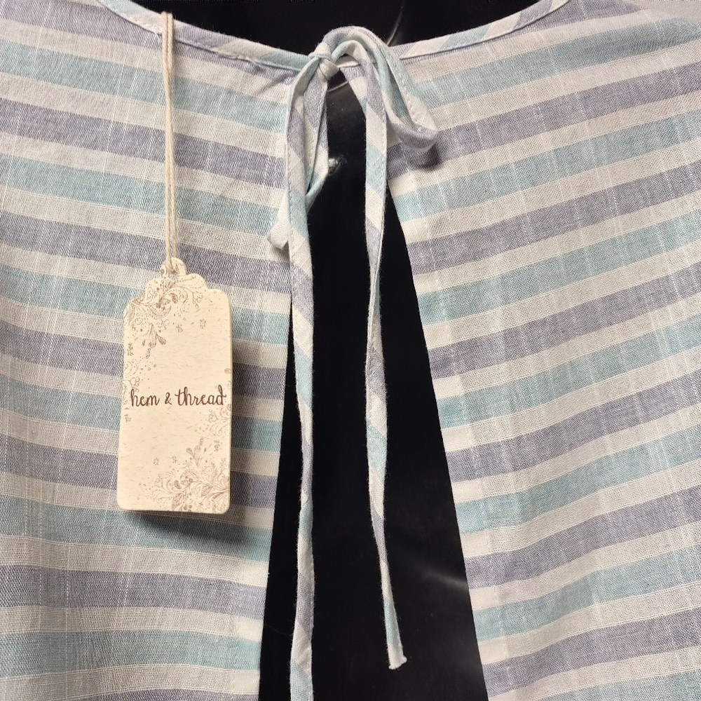 Hem & Thread Linen Striped Tie Neck Bell Sleeve Open Back Top Blouse Sz L NWT - Picture 4 of 6